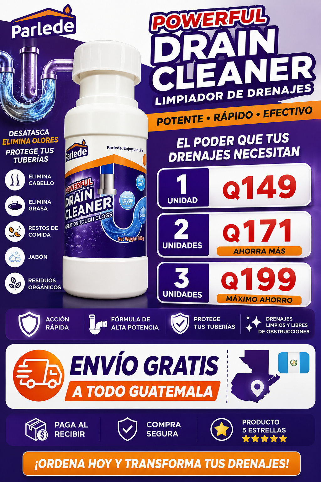Drain Cleaner Polvo destapa cañerías y tuberias+ ENVIO GRATIS A TODA GUATEMALA🎁