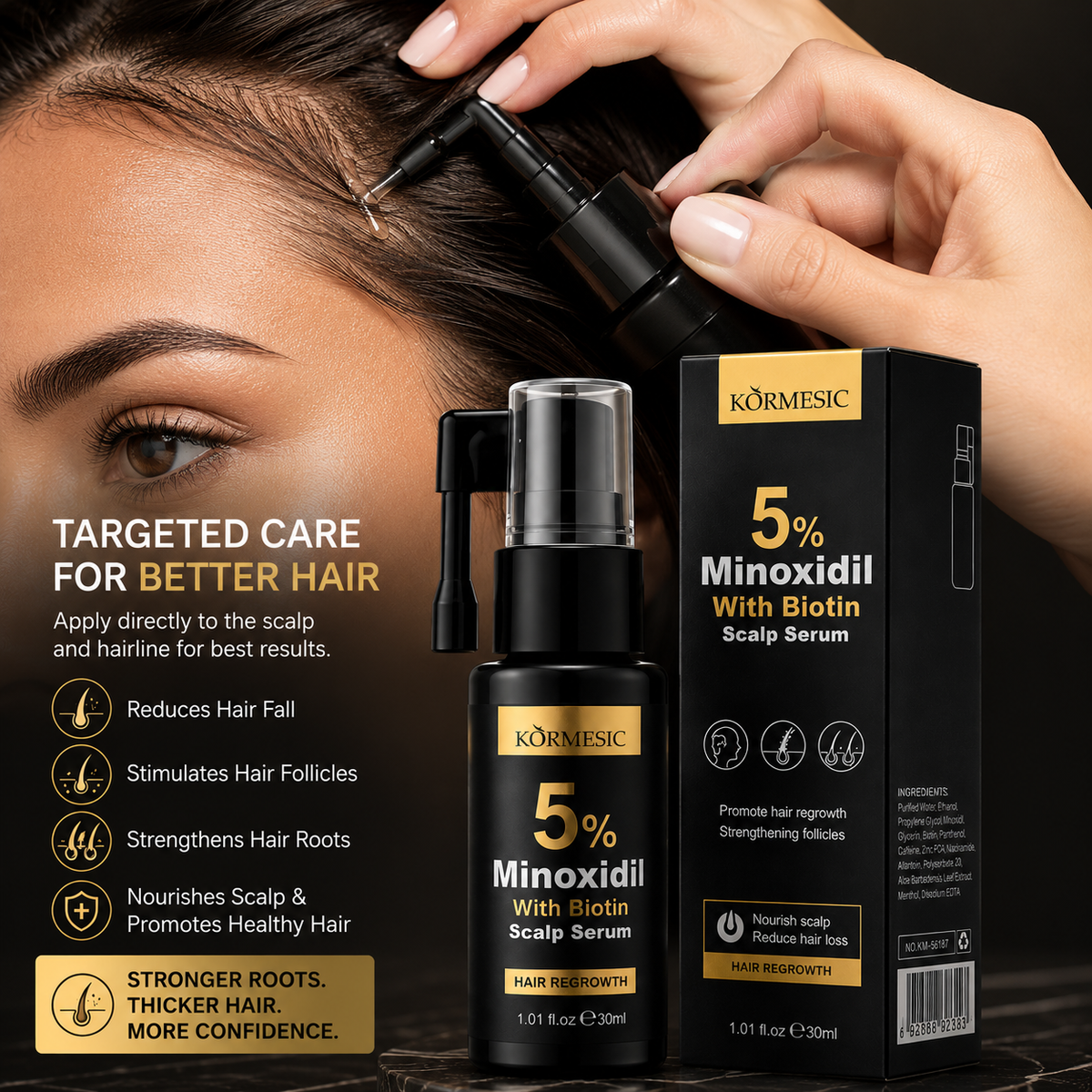 Kormesic 5% Minoxidil con Biotina – Sérum capilar avanzado para el crecimiento del cabello